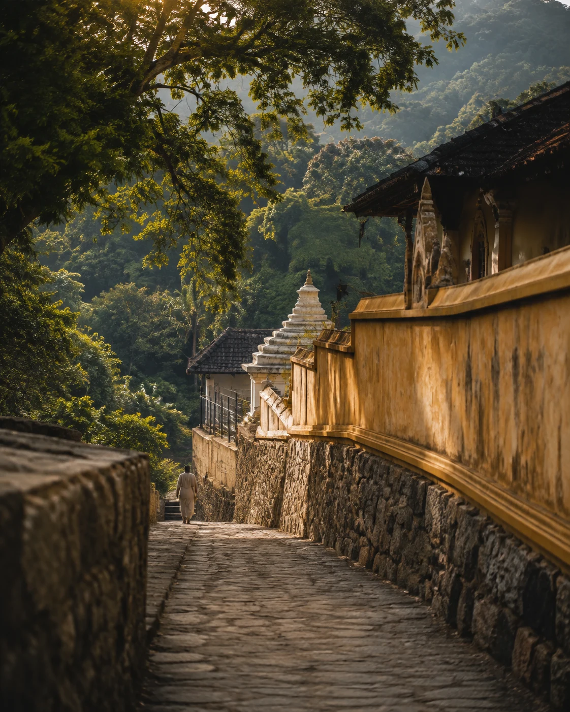 A stone path beside a warm ochre heritage temple in Sri Lanka's hill country
